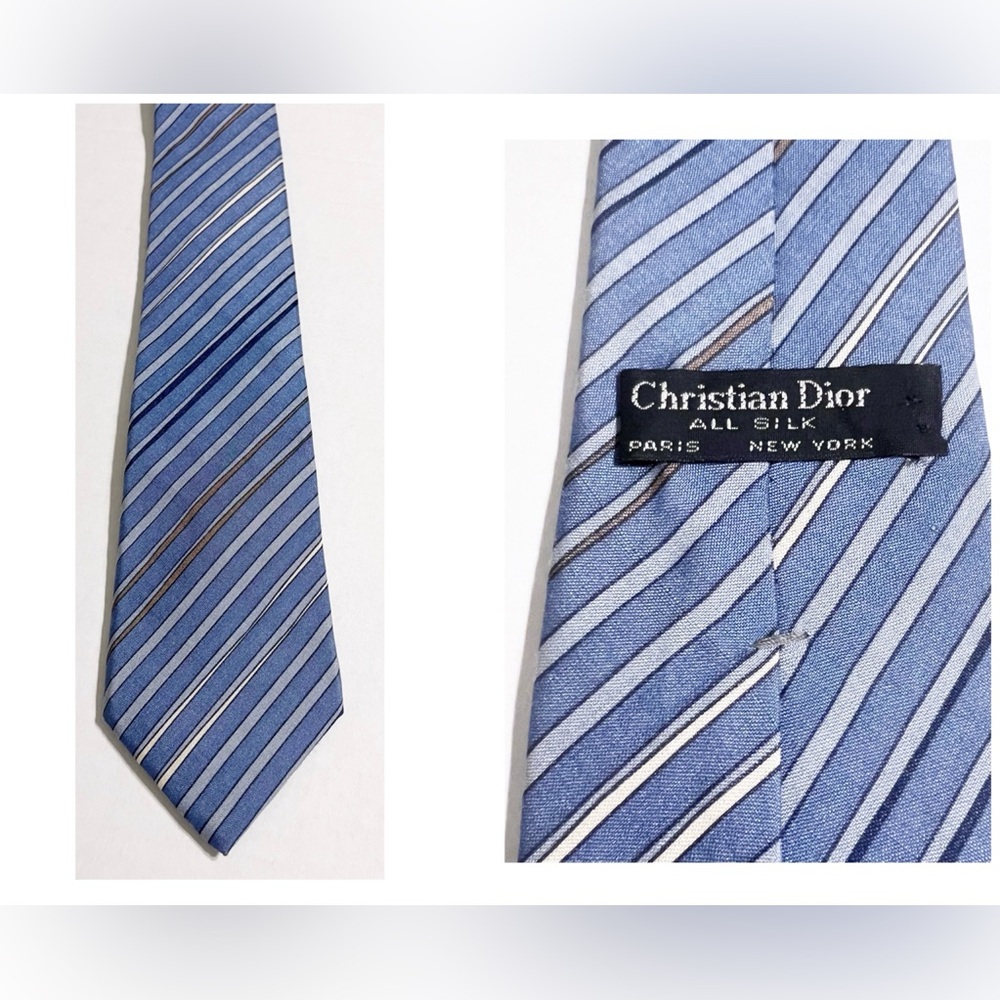 Dior Vintage Elegant Blue and Gray Silk Tie Luxury Conservative Business Office
